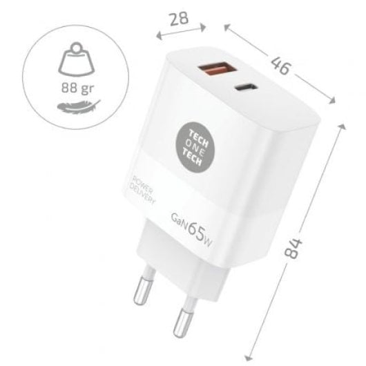 Carregador GaN Tech One Tech PD TEC2273 65 W USB-C/USB-A Carregamento rápido e cabo de 1,2 m
