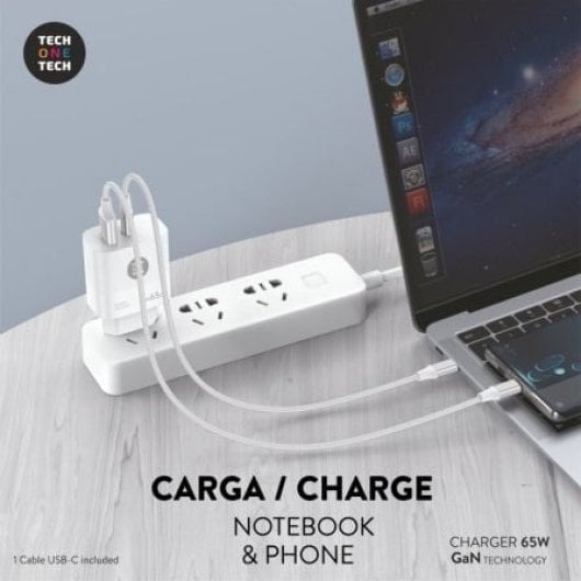 Carregador GaN Tech One Tech PD TEC2273 65 W USB-C/USB-A Carregamento rápido e cabo de 1,2 m