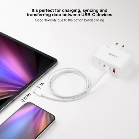 Cable USB-C Nanocable 10.01.6001-CO 60W 3A 1m Blanco Carga Rápida Algodón