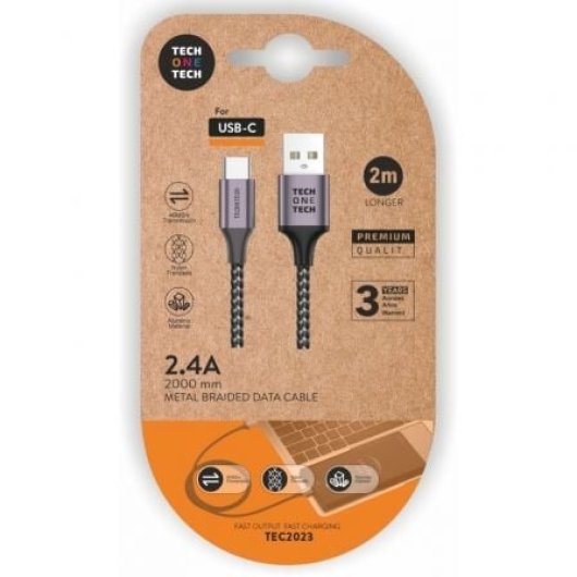 Cable USB-C TECH ONE TECH TEC2023 2m 2.4A Trenzado Nylon Gris