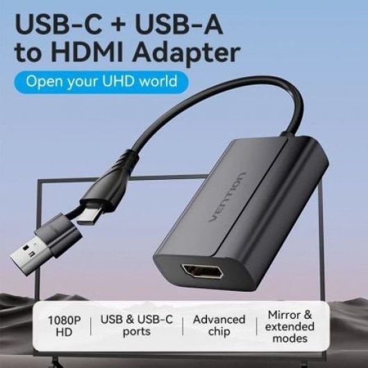 Adaptador Vention ACYHB USB-C Macho + USB-A Macho a HDMI Hembra 1080P Gris 0.15m