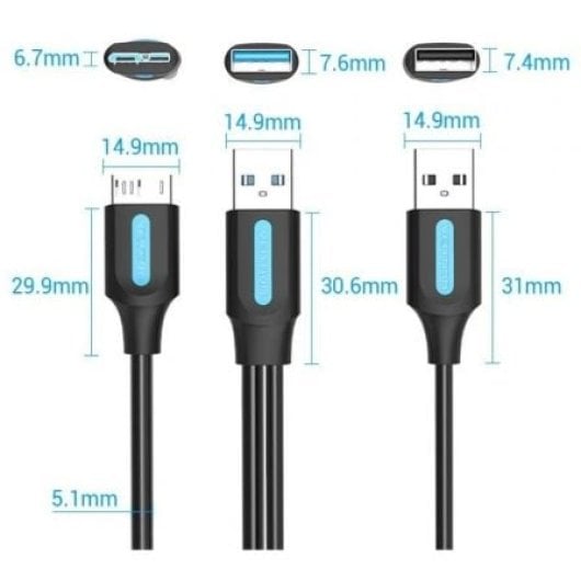 Cable USB Vention CQPBF USB 3.0 Micro-B/USB 2.0 A 1m 5Gbps Negro Alimentación Extra