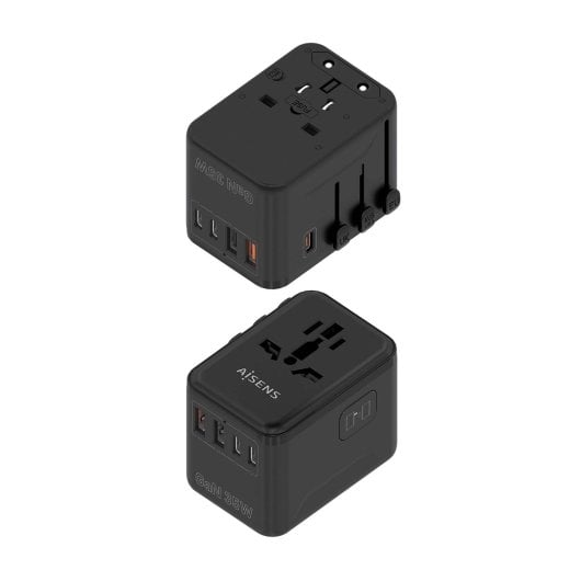 Adaptador Universal de Viaje AISENS GaN 35W 2xUSB-A QC3.0 3xUSB-C PD3.0 Negro
