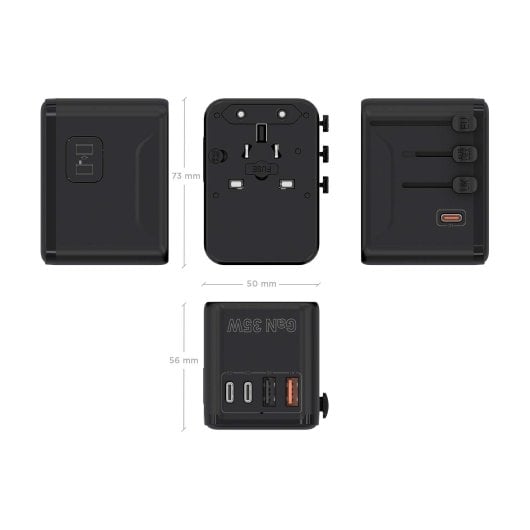 Adaptador Universal de Viaje AISENS GaN 35W 2xUSB-A QC3.0 3xUSB-C PD3.0 Negro