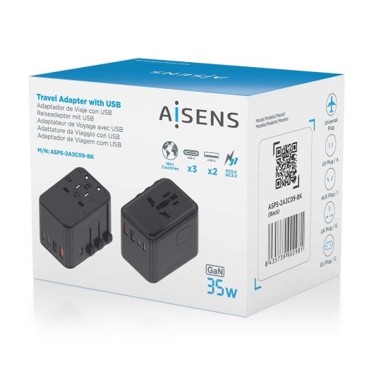 Adaptador Universal de Viaje AISENS GaN 35W 2xUSB-A QC3.0 3xUSB-C PD3.0 Negro