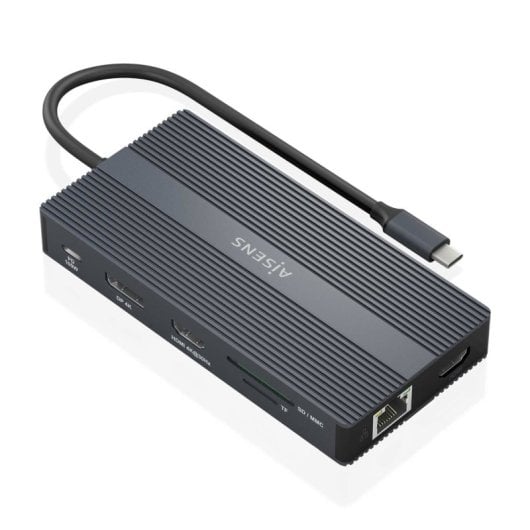 Dock USB-C AISENS Dock 12 en 1 HDMI DisplayPort RJ45 USB-A/C PD 100W Lector SD/MicroSD Gris 20cm