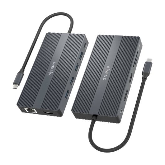 Dock USB-C AISENS Dock 12 en 1 HDMI DisplayPort RJ45 USB-A/C PD 100W Lector SD/MicroSD Gris 20cm
