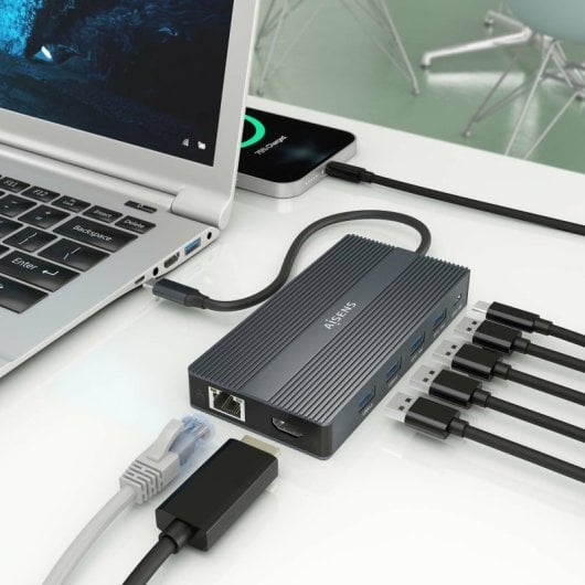 Dock USB-C AISENS Dock 12 en 1 HDMI DisplayPort RJ45 USB-A/C PD 100W Lector SD/MicroSD Gris 20cm