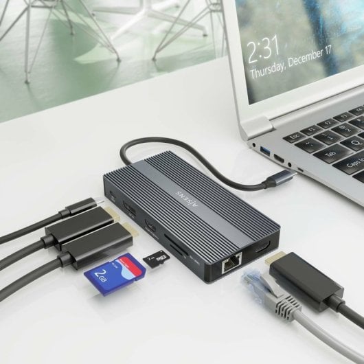 Dock USB-C AISENS Dock 12 en 1 HDMI DisplayPort RJ45 USB-A/C PD 100W Lector SD/MicroSD Gris 20cm