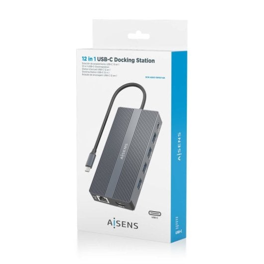 Dock USB-C AISENS Dock 12 en 1 HDMI DisplayPort RJ45 USB-A/C PD 100W Lector SD/MicroSD Gris 20cm