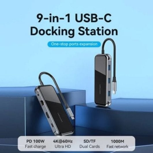 Docking USB-C Vention TFLHB HDMI 4K/ 3 USB 3.0/ RJ45 1000M/ SD-TF/ TRRS 3.5mm/ PD 100W Gris