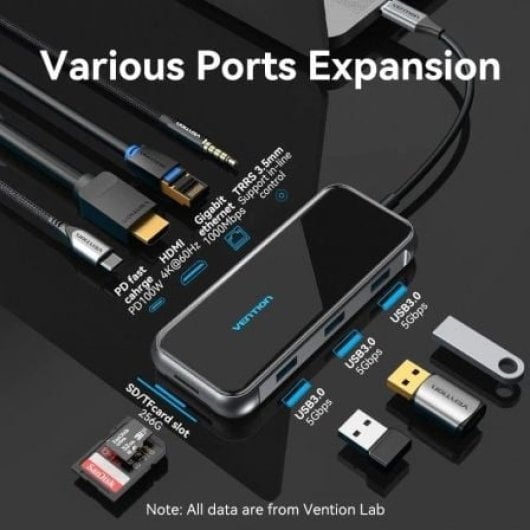 Docking USB-C Vention TFLHB HDMI 4K/ 3 USB 3.0/ RJ45 1000M/ SD-TF/ TRRS 3.5mm/ PD 100W Gris