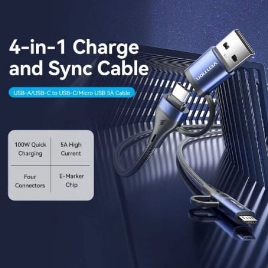 Cable USB Vention CTLLF 4 en 1 100W 1m Negro y Azul