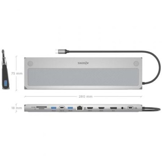 Docking station AISENS ASUC-12P020-GR USB-C 2xHDMI 3xUSB DisplayPort RJ45 SD Gris