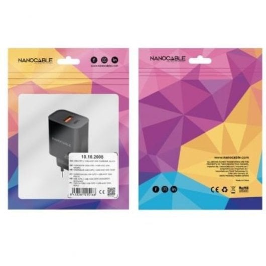 Cargador de Pared Nanocable 10.10.2008 20W 1xUSB-A QC 1xUSB-C PD Negro