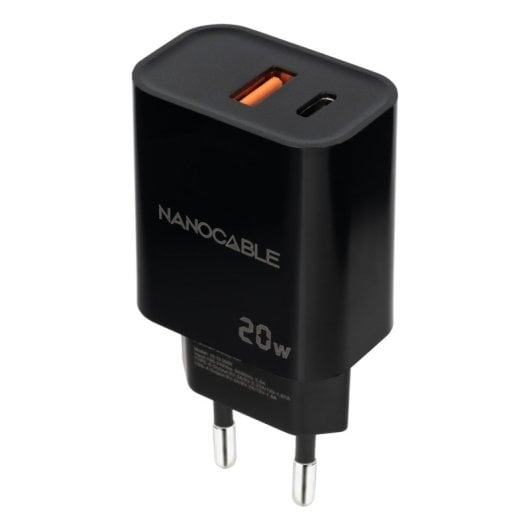 Cargador de Pared Nanocable 10.10.2008 20W 1xUSB-A QC 1xUSB-C PD Negro