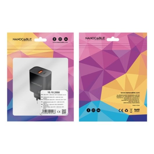 Cargador de Pared Nanocable 10.10.2008 20W 1xUSB-A QC 1xUSB-C PD Negro