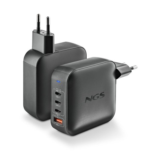 Cargador de pared NGS BUD 165W 4 Puertos 3 USB-C 1 USB-A Carga rápida Negro