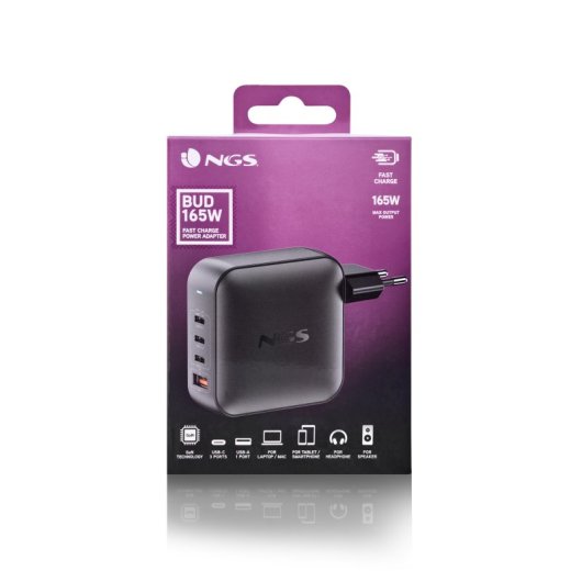 Cargador de pared NGS BUD 165W 4 Puertos 3 USB-C 1 USB-A Carga rápida Negro