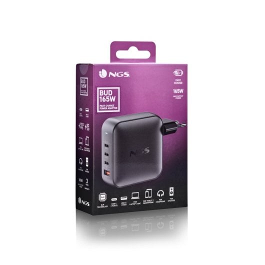 Cargador de pared NGS BUD 165W 4 Puertos 3 USB-C 1 USB-A Carga rápida Negro