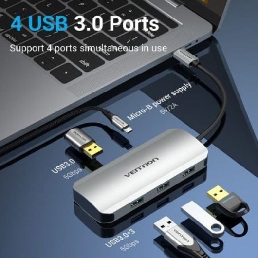 Hub Vention 5 puertos 5000Mbit/s TNAHB aluminio USB-C PD 4xUSB 3.2 Gen 1 + MicroUSB