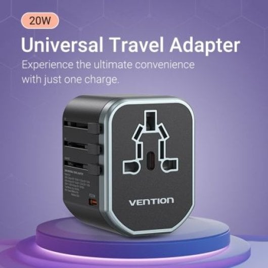 Vention FJCB0 20W Universal-Wandladegerät 1xUSB-C 2xUSB All-in-One Travel Schwarz