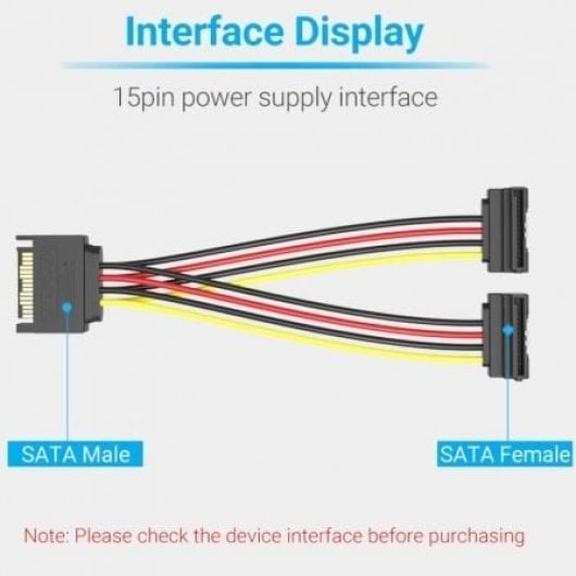 Cable Alimentación Vention KDBBB SATA Macho a 2x SATA Hembra 0,15m 18AWG Negro