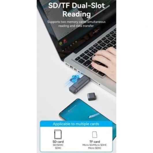 Lecteur de cartes double SD/TF Vention CLLH0 USB 3.0 Type-C en aluminium 512 Go