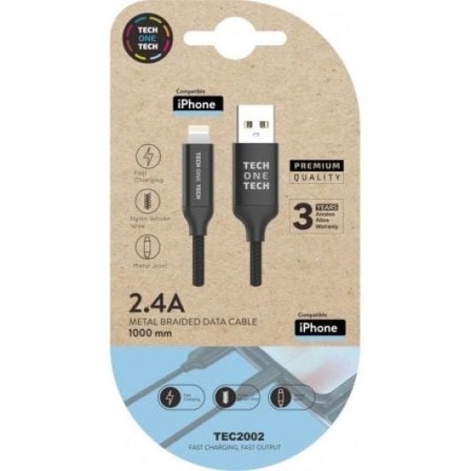 Cable USB 2.0 TECH ONE TECH TEC2002 2,4A Lightning 1m Negro Reforzado Apple
