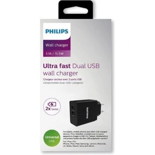 Cargador de Pared Philips DLP2610/2xUSB/15.5W Negro carga rápida protección inteligente