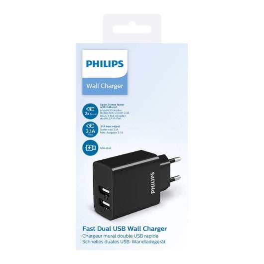 Cargador de Pared Philips DLP2610/2xUSB/15.5W Negro carga rápida protección inteligente