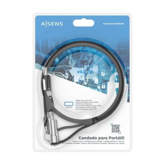 AISENS ASLK-D45K06-BK NANO 1,5 m Sicherheitskabel aus Stahl, tragbares Schlüsselschloss