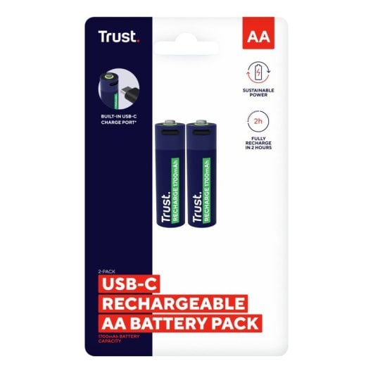 Trust AA-Batterie 25584, wiederaufladbar, 2 Stück, 1700 mAh, USB-C, 2 Std. LED-Aufladung