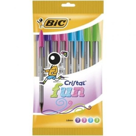 Stylo à bille BIC Cristal Fun 921342, pointe 1,6 mm, séchage rapide, 10 couleurs assorties