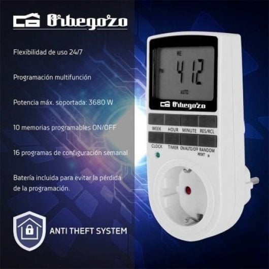 Orbegozo PG 25 Digitalprogrammierer 24h 16 Anti-Diebstahl-Programme 3680W LCD