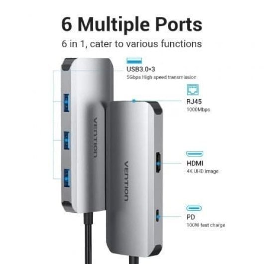 Docking Vention TOHHB USB-C HDMI 3xUSB 4K 100W PD RJ45 Grigio alluminio