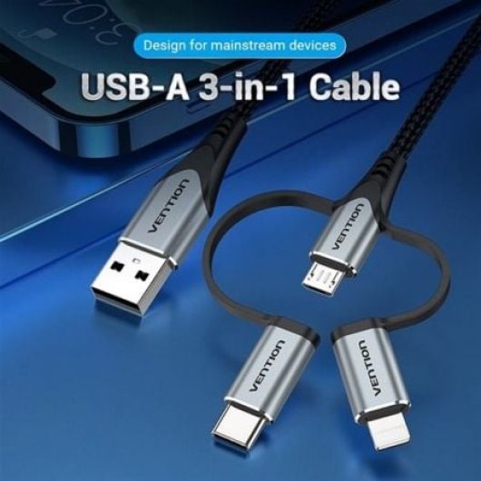 Câble USB 2.0 3 en 1 Vention CQJHG USB-C MicroUSB Lightning 1,5 m 480 Mbps Gris