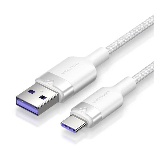 Câble USB 2.0 Vention CTOWH 2m 100W 6A USB-C vers USB-A Blanc Tressé