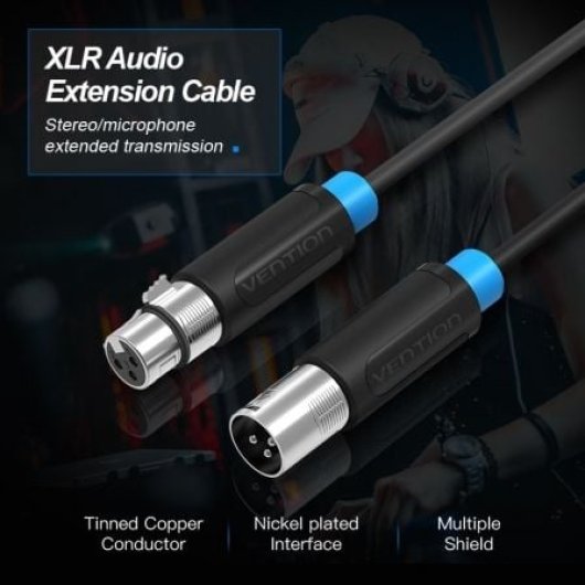Cable XLR Vention BBFBJ 5m Negro Macho a Hembra Conector Oro PVC AWG23