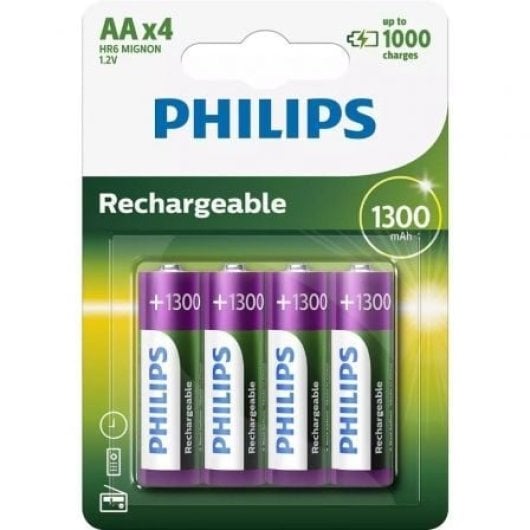 PHILIPS R6B4A130/10 Piles AA rechargeables 1300 mAh NiMH, pack de 4 unités