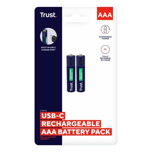 Trust 25585 AAA Akkupack 2 USB-C 500mAh LED-Anzeige Kurzschlussschutz