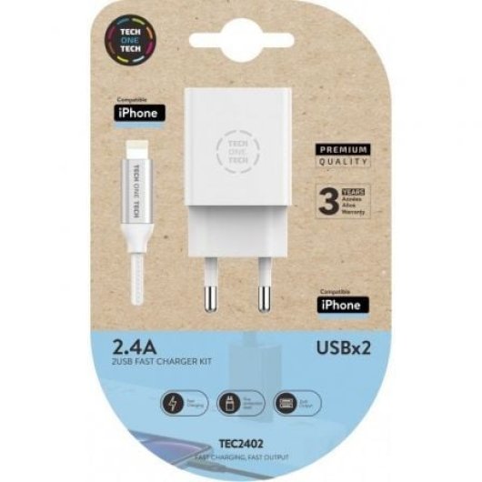 Cargador de Pared TECH ONE TECH TEC2402 2xUSB 2.4A Blanco con Cable Lightning 1m Nylon