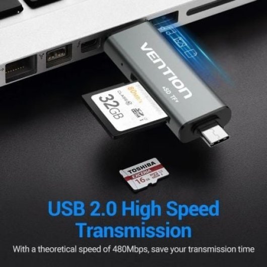 Lector de Tarjetas Vention CCJH0 USB 2.0/USB-C/Micro Aleación Aluminio 256GB Gris