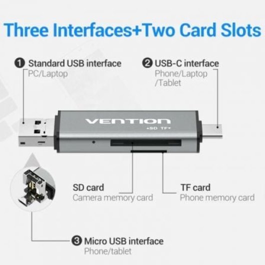 Lector de Tarjetas Vention CCJH0 USB 2.0/USB-C/Micro Aleación Aluminio 256GB Gris