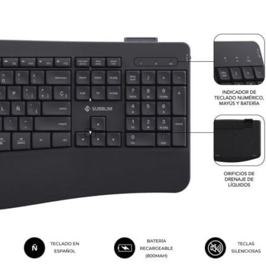 Teclado de membrana SUBBLIM Combo Dual Office Prowave Layout ES ergonómico inalámbrico recargable multidispositivo