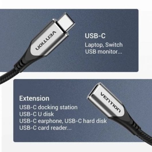 Cable USB-C Vention TABHF 3.1 1m Gris 60W 5Gbps Trenzado Aluminio