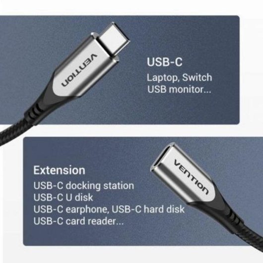 Cable USB-C Vention TABHF 1m 60W 5Gbps Trenzado Aluminio Gris