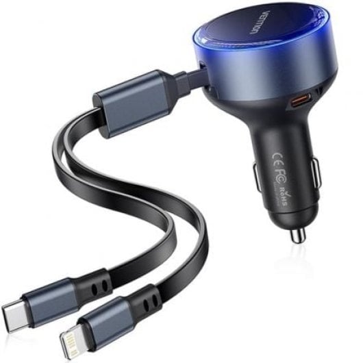 Cargador Coche Vention FFOB0 30W USB-C + Lightning Retráctil Aluminio 12-24V