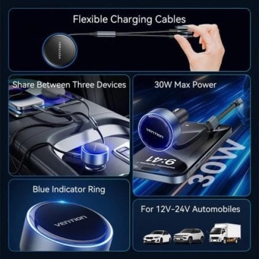 Cargador Coche Vention FFOB0 30W USB-C + Lightning Retráctil Aluminio 12-24V