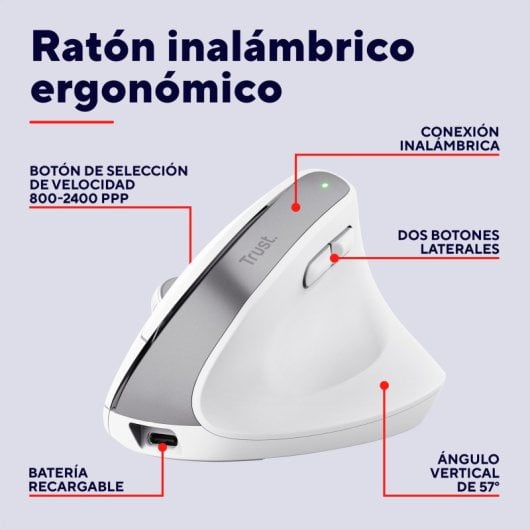 Trust Bayo+ Rato Vertical Sem Fios Multidispositivo Recarregável 2400 DPI Branco